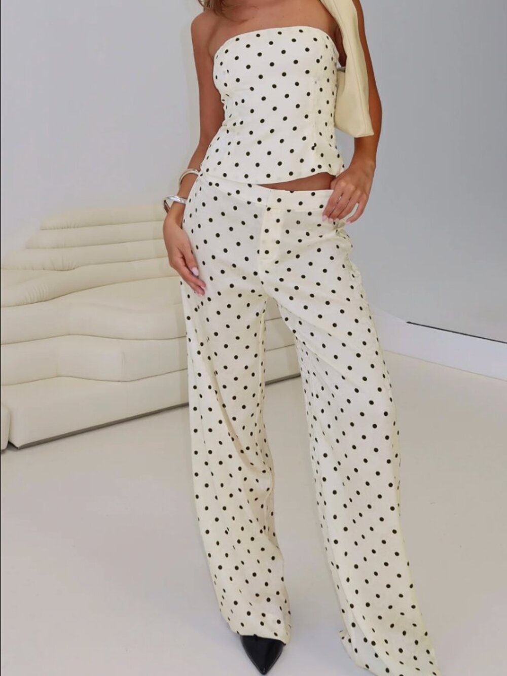 Princess Polly Powdered Sugar Polka Dot Strapless Top Wide Leg Pants Set $78.00 - Picture 2 of 16